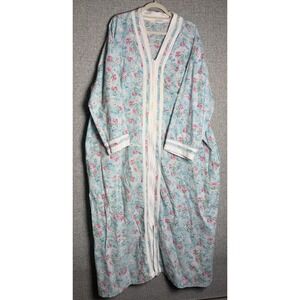 Vintage Blue Pink Floral Long House‎ Coat Robe Duster Nightgown Zip Up XXL/2X